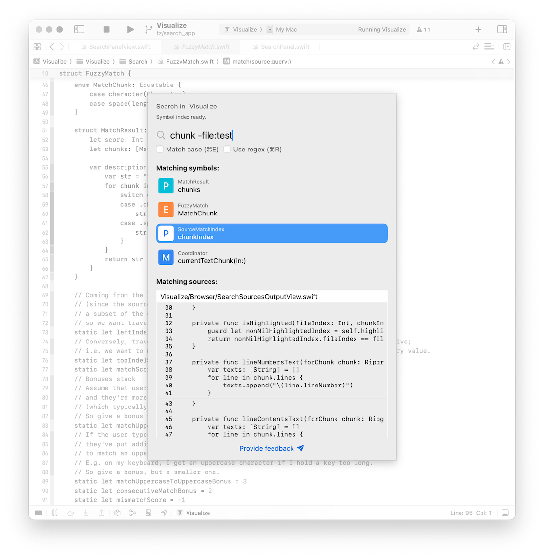 A screenshot of Tanagram's search UI on top of Xcode