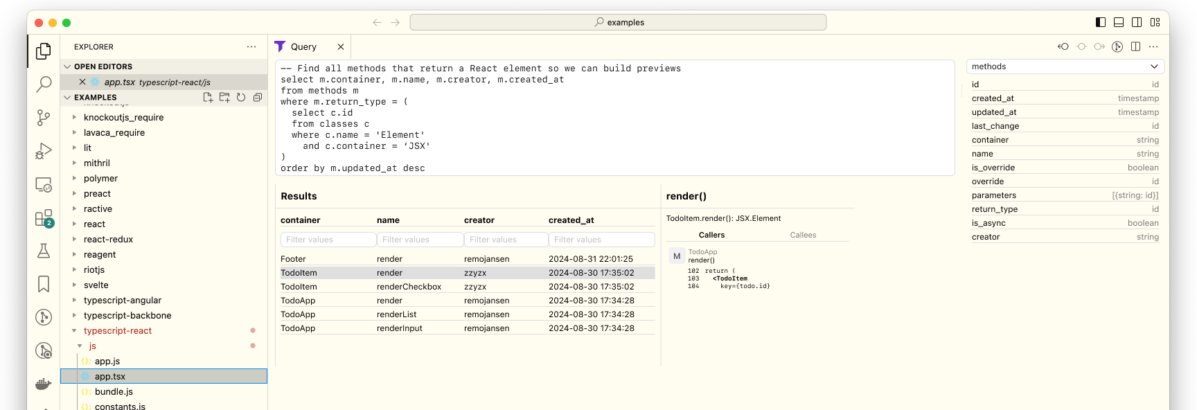 A UI mock showing a SQL query over symbols in a codebase