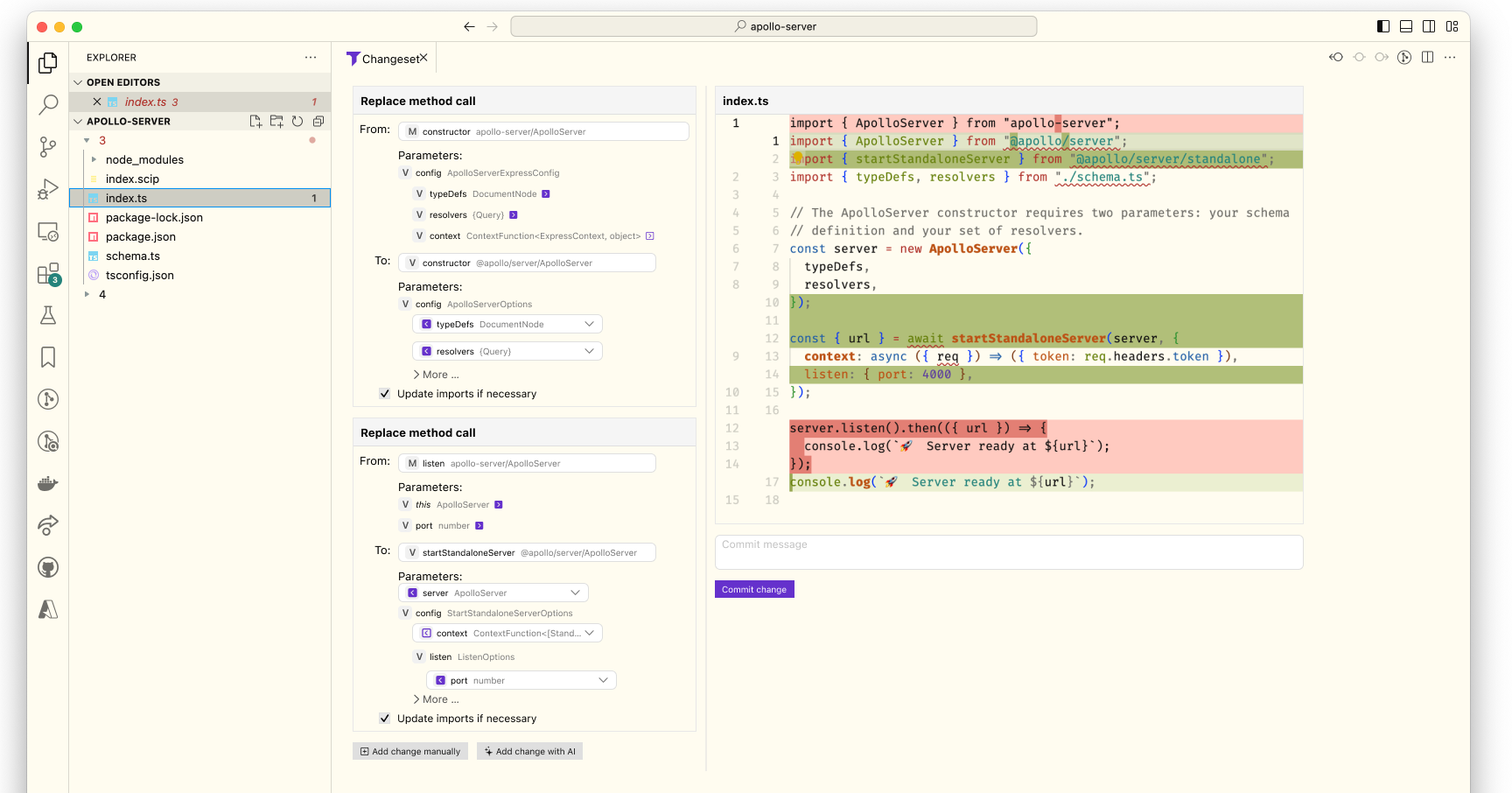 A UI mock showing Tanagram replacing one method call with another, with options for parameters